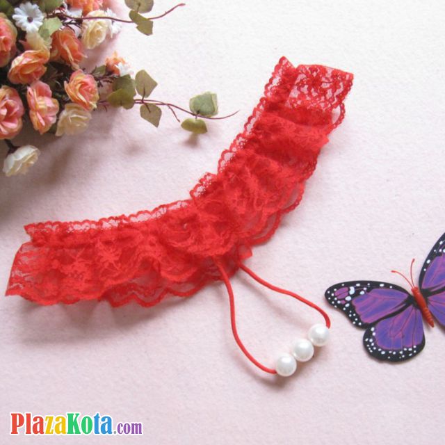 GS218 - Celana Dalam G-String Mutiara Merah Transparan Renda - Photo 1