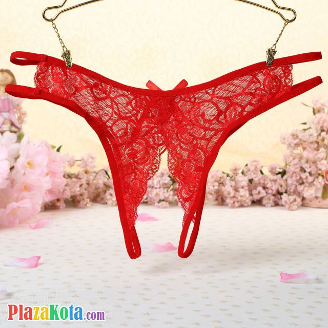 P355 - Celana Dalam Panties Thong Merah Transparan, Crotchless - Photo 2