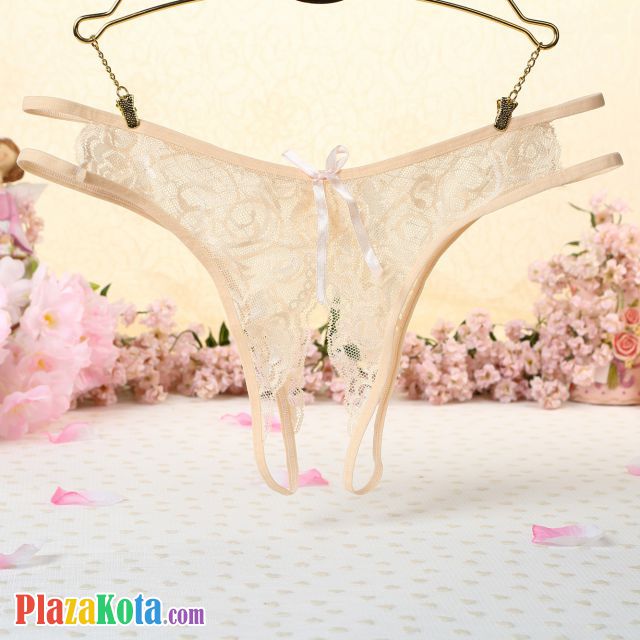 P356 - Celana Dalam Panties Thong Krem Transparan Crotchless - Photo 1