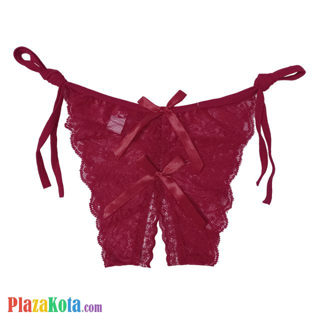 P387 - Celana Dalam Panties Thong Marun Transparan, Ikat Samping, Crotchless - Photo 1