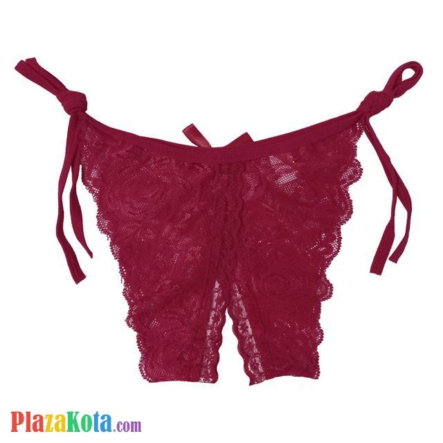 P387 - Celana Dalam Panties Thong Marun Transparan, Ikat Samping, Crotchless - Photo 2
