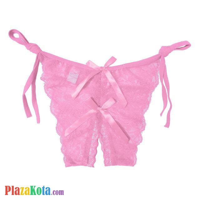P390 - Celana Dalam Panties Thong Pink Transparan, Ikat Samping, Crotchless - Photo 1