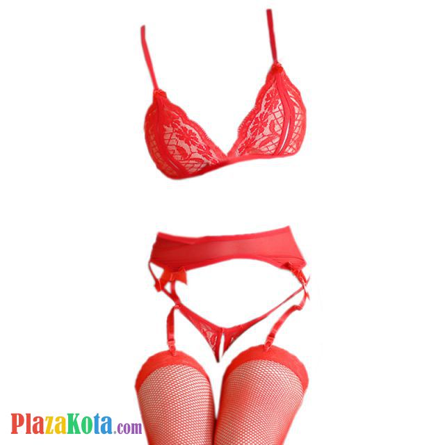 B254 - Bra Set Bralette Merah Transparan Celana Dalam Crotchless Garter Belt Stocking - Photo 1