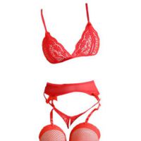 B254 - Lingerie Set Bralette Merah Transparan, Celana Dalam Crotchless, Garter Belt, Stocking Fishnet