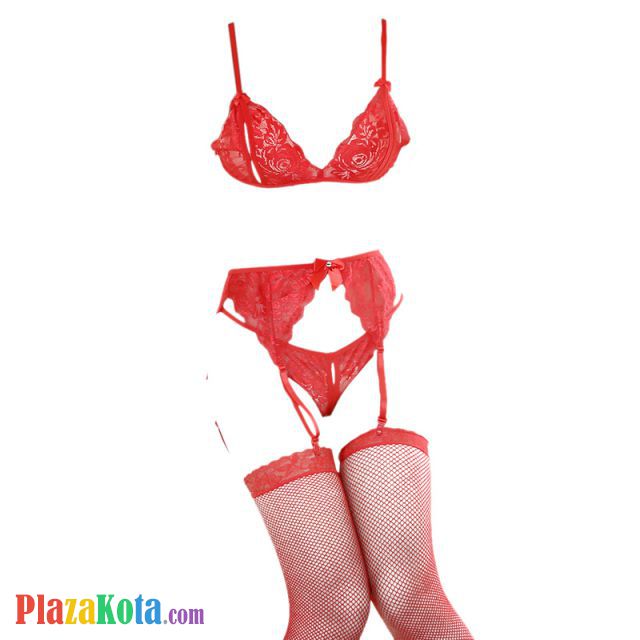 B258 - Lingerie Set Bralette Merah Transparan, Celana Dalam Crotchless, Garter Belt, Stocking Fishnet - Photo 1