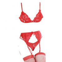 B258 - Lingerie Set Bralette Merah Transparan, Celana Dalam Crotchless, Garter Belt, Stocking Fishnet