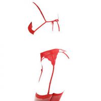 B258 - Lingerie Set Bralette Merah Transparan, Celana Dalam Crotchless, Garter Belt, Stocking Fishnet - 2