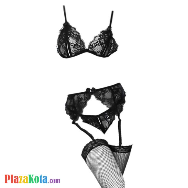 B259 - Bra Set Bralette Hitam Transparan Celana Dalam Crotchless Garter Belt Stocking - Photo 1