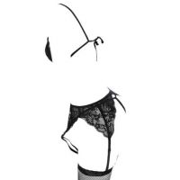 B259 - Bra Set Bralette Hitam Transparan Celana Dalam Crotchless Garter Belt Stocking - Thumbnail 2