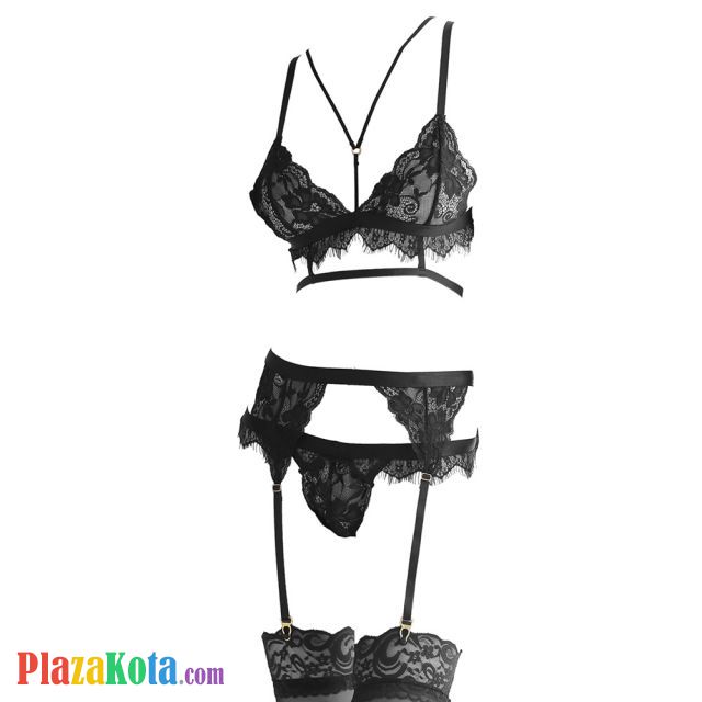 B270 - Bra Set Bralette Hitam Transparan Celana Dalam Garter Belt Stocking - Photo 1