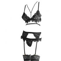 B270 - Bra Set Bralette Hitam Transparan Celana Dalam Garter Belt Stocking