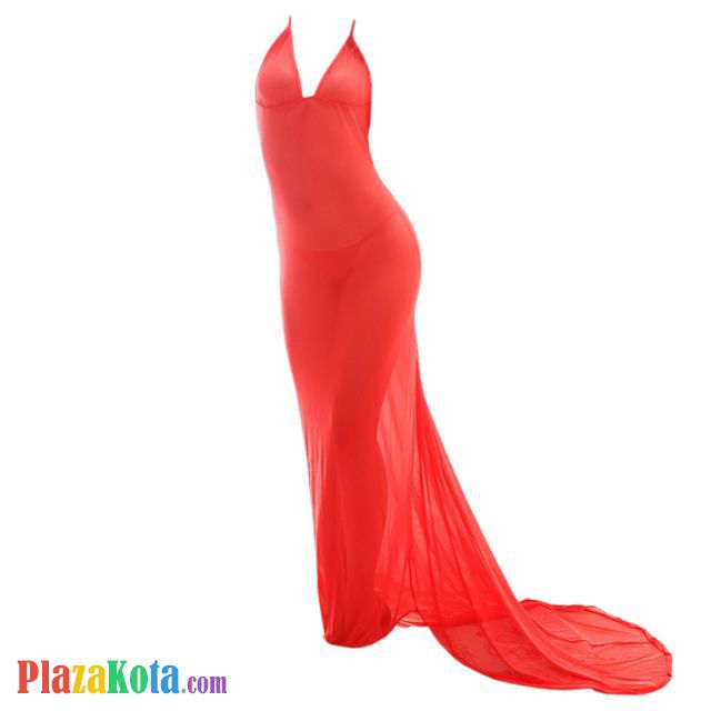 L0973 - Lingerie Long Gown Merah Transparan, Ekor Panjang - Photo 1