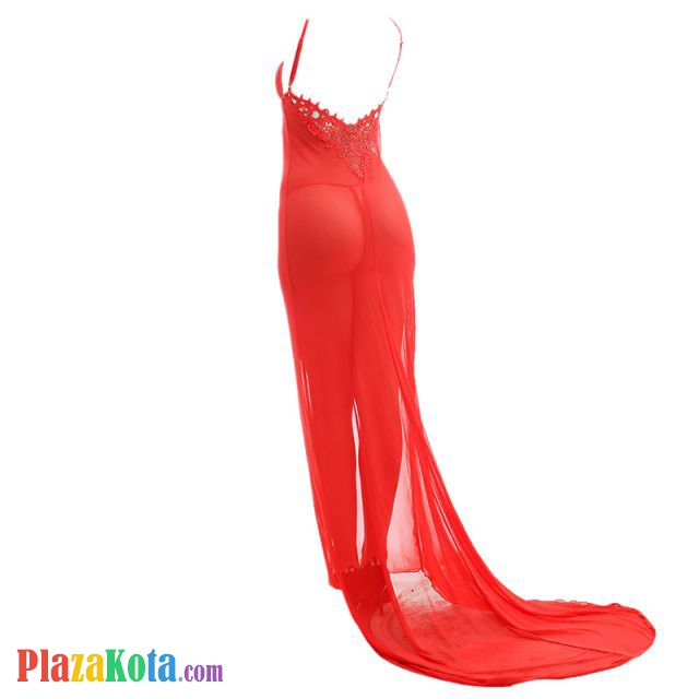 L0973 - Lingerie Long Gown Merah Transparan, Ekor Panjang - Photo 2