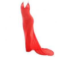 L0973 - Lingerie Long Gown Merah Transparan, Ekor Panjang
