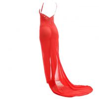 L0973 - Baju Tidur Lingerie Long Gown Gaun Panjang Maxi Dress Merah Transparan Ekor Panjang - 2