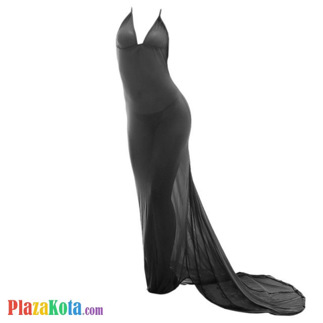 L0974 - Baju Tidur Lingerie Long Gown Gaun Panjang Maxi Dress Hitam Transparan Ekor Panjang - Photo 1