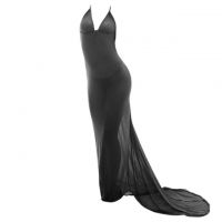 L0974 - Baju Tidur Lingerie Long Gown Gaun Panjang Maxi Dress Hitam Transparan Ekor Panjang