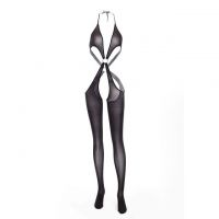 BS176 - Bodystocking Full Body Halterneck Hitam Transparan Tali Silang