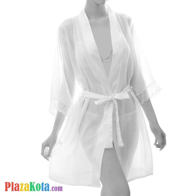 L0982 - Baju Tidur Lingerie Robe Kimono Dress Putih Lengan Panjang Bra Set Ikat Pinggang - Photo 1
