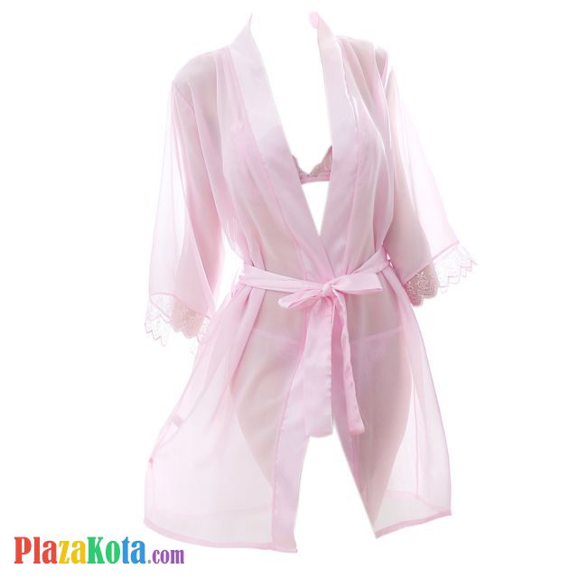 L0983 - Lingerie Robe Pink, Lengan Panjang, Bra Set, Ikat Pinggang - Photo 1