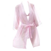 L0983 - Lingerie Robe Pink, Lengan Panjang, Bra Set, Ikat Pinggang