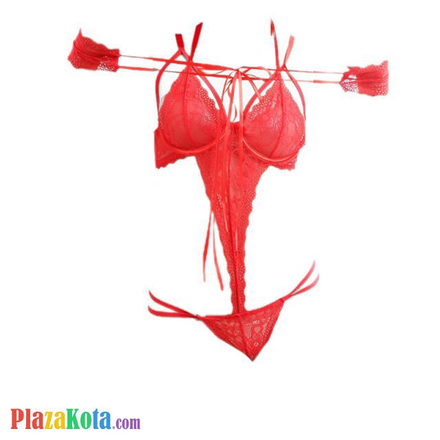 L0992 - Lingerie Teddy Merah Transparan, Bra Kawat, Open Cup, Pengait 3 Baris, Tali Ikat Tangan - Photo 1