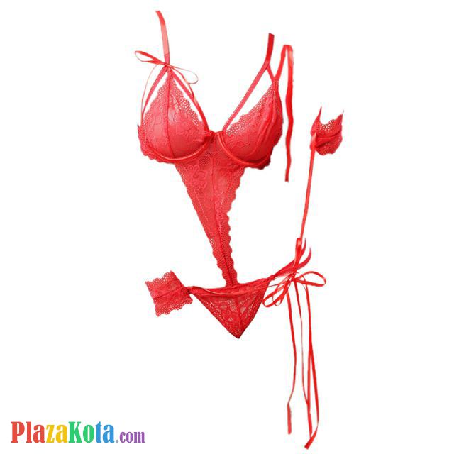 L0992 - Lingerie Teddy Merah Transparan, Bra Kawat, Open Cup, Pengait 3 Baris, Tali Ikat Tangan - Photo 2
