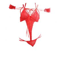L0992 - Lingerie Teddy Merah Transparan, Bra Kawat, Open Cup, Pengait 3 Baris, Tali Ikat Tangan