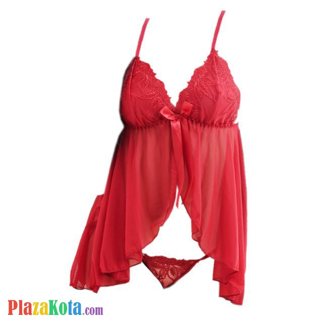 L1003 - Baju Tidur Lingerie Babydoll Mini Dress Merah Transparan Panties Ikat Samping - Photo 1