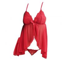 L1003 - Baju Tidur Lingerie Babydoll Mini Dress Merah Transparan Panties Ikat Samping
