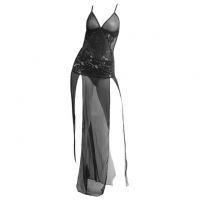 L1008 - Lingerie Long Gown Hitam Transparan, Pengait 3 Baris