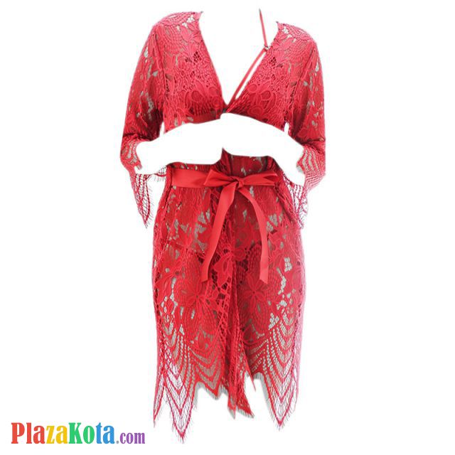 L1014 - Lingerie Robe Merah Transparan, Lengan Panjang, Ikat Pinggang, Bra Set Halterneck - Photo 1