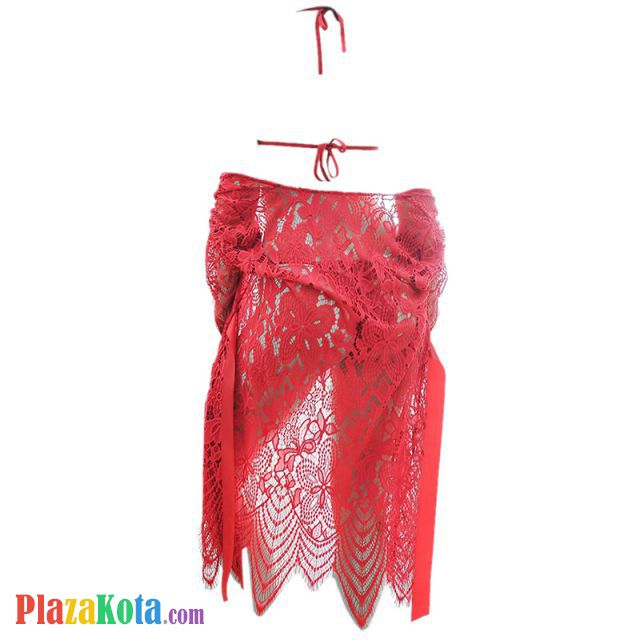 L1014 - Lingerie Robe Merah Transparan, Lengan Panjang, Ikat Pinggang, Bra Set Halterneck - Photo 3