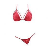 L1014 - Lingerie Robe Merah Transparan, Lengan Panjang, Ikat Pinggang, Bra Set Halterneck - Thumbnail 2