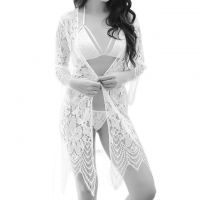 L1015 - Lingerie Robe Putih Transparan, Lengan Panjang, Ikat Pinggang, Bra Set Halterneck