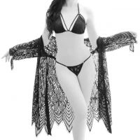 L1016 - Lingerie Robe Hitam Transparan, Lengan Panjang, Ikat Pinggang, Bra Set Halterneck