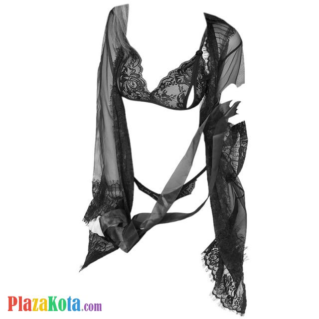 L1017 - Lingerie Robe Hitam Transparan, Lengan Panjang, Bra Set, Ikat Pinggang - Photo 2