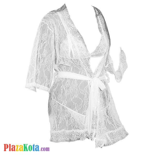 L1018 - Lingerie Robe Putih Transparan, Lengan Panjang, Bra Set, Ikat Pinggang - Photo 1
