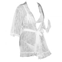 L1018 - Lingerie Robe Putih Transparan, Lengan Panjang, Bra Set, Ikat Pinggang