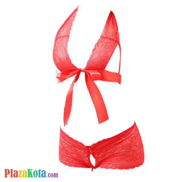 B285 - Bra Set Bralette Halter Merah Transparan Ikat Depan Celana Dalam - Photo 1