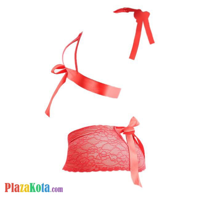 B285 - Bra Set Bralette Halter Merah Transparan Ikat Depan Celana Dalam - Photo 2