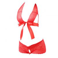 B285 - Bikini Bra Set Halterneck Merah Transparan, Bra Ikat Depan