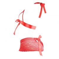 B285 - Lingerie Set Bralette Halterneck Merah Transparan, Ikat Depan, Celana Dalam - Thumbnail 2
