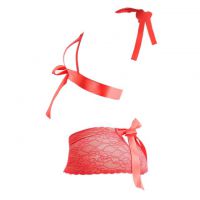 B285 - Bra Set Bralette Halter Merah Transparan Ikat Depan Celana Dalam - 2