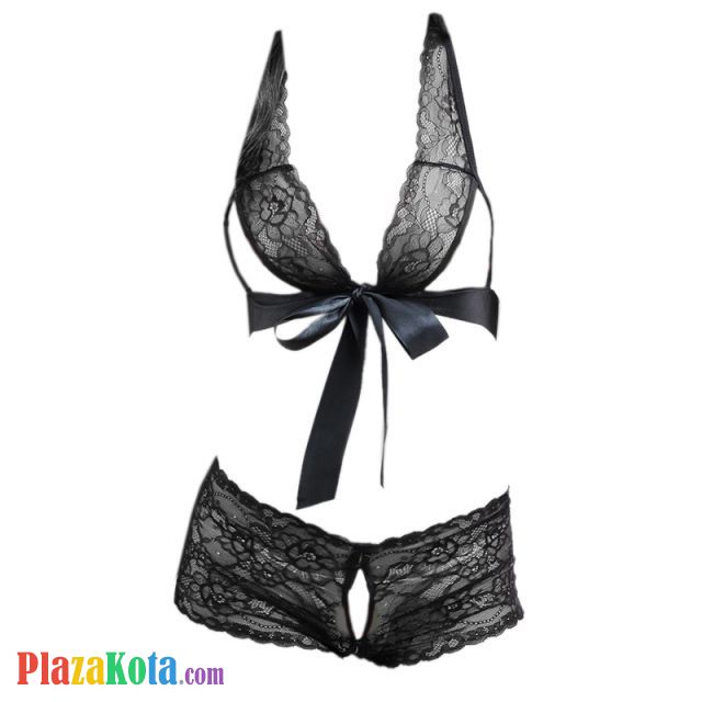 B286 - Bra Set Bralette Halter Hitam Transparan Ikat Depan Celana Dalam - Photo 1