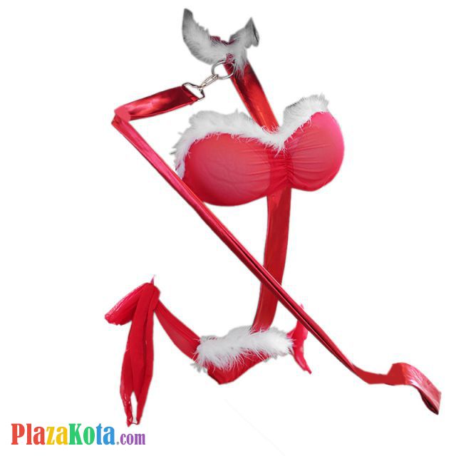 B287 - Bra Set Costume Cosplay Slave Merah Bulu Putih Bra Strapless Bandeau Celana Dalam Ikat Samping Tali Leher - Photo 1