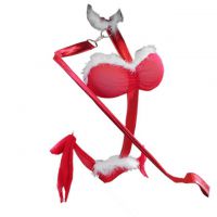 B287 - Bikini Costume Slave Merah, Bulu Putih, Bra Strapless Bandeau, Tali Leher