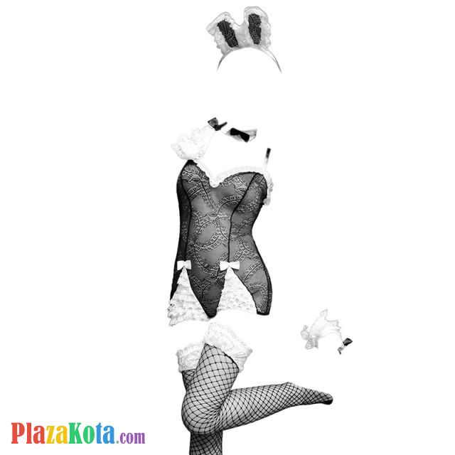 L1027 - Lingerie Costume Playboy Bunny Kelinci Tali Silang Hitam Transparan, Bando, Kalung, Gelang, Stocking Fishnet - Photo 1