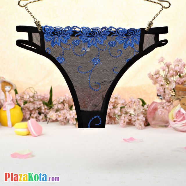 P400 - Celana Dalam Panties Thong Biru Transparan Bordir Bunga Samping Tali Dobel - Photo 1