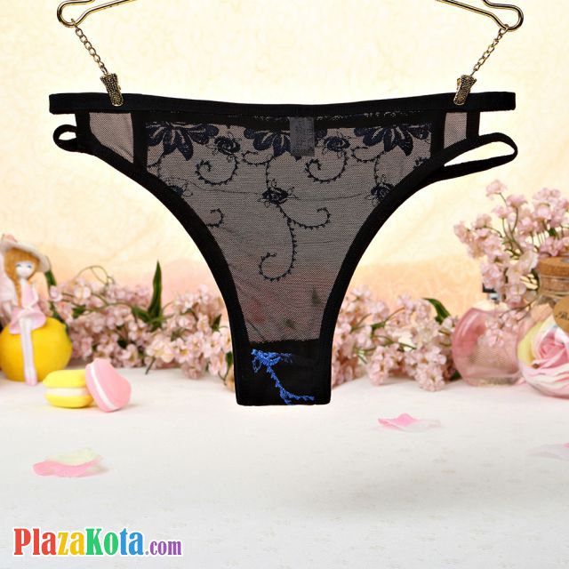 P400 - Celana Dalam Panties Thong Biru Transparan Bordir Bunga Samping Tali Dobel - Photo 2